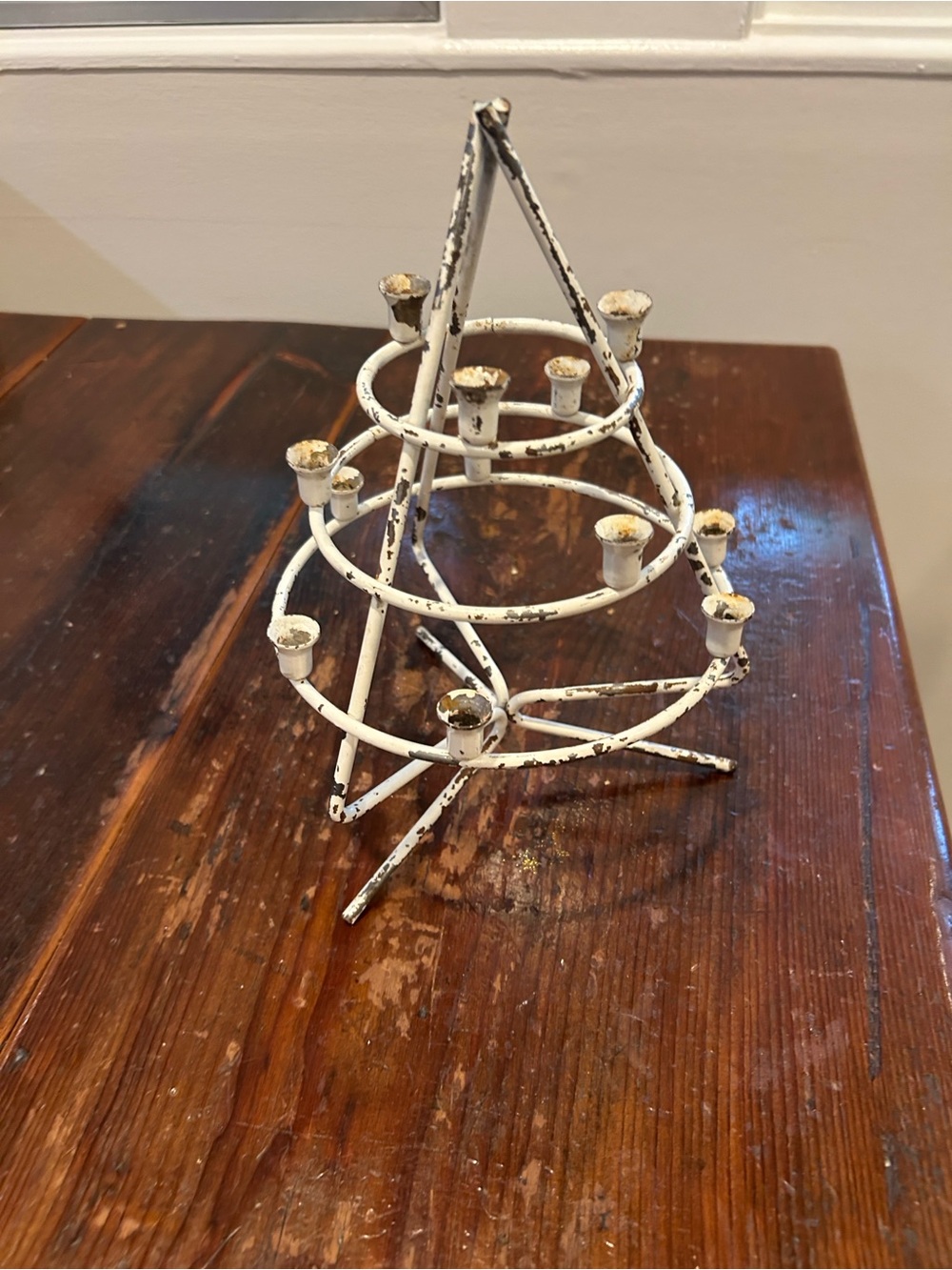 Distressed White Metal Pyramid Candle Holder - Home Holiday